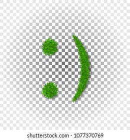 Green grass smile 3D. Smiley grassy icon Isolated white transparent background. Ecology concept. Happy smiling sign. Symbol eco lawn, nature, safe environment, healthy, spring Vector illustration