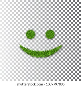 Green grass smile 3D. Smiley grassy icon Isolated white transparent background. Ecology concept. Happy smiling sign. Symbol eco lawn, nature, safe environment, healthy, spring Vector illustration