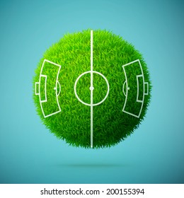 Green grass sphere with soccer field on a blue clear background eps10 vector illustration