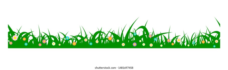 Green grass with spring flower border. Vector illustration isolated on white background.