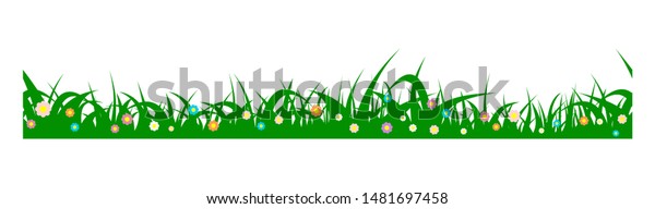 Green grass with spring flower border.\
Vector illustration isolated on white\
background.