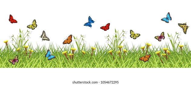 Green grass, spring flowers and butterflies. Vector seamless horizontal background for card, banner, poster and web site design, 2 separate layers ready for parallax effect.
