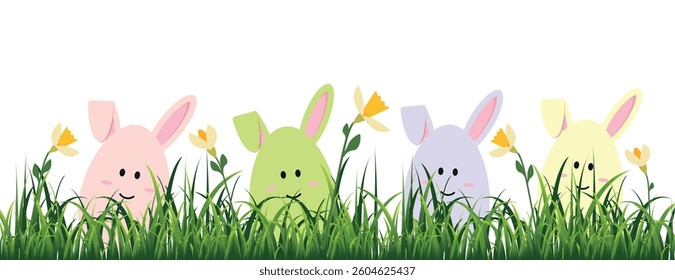 Green grass with spring flowers and eggs with bunny ears. Happy Easter. Vector illustration.