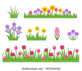 Green Grass And Spring Flowers Set. Seamless Border With Tulips. Daffodil, Iris, Crocus And Hyacinth Isolated On White Background. Vector Cartoon Flat Simple Illustration.