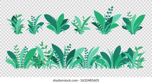 Green grass. Spring and summer various plants, grass and bushes. Natural elements of grass isolated on transparent background.