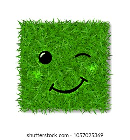 Green grass square field 3D. Face wink smile. Smiley grassy emoticon icon, isolated white background. Happy sign. Symbol ecology, eco lawn, nature, emotion, fresh spring Vector illustration