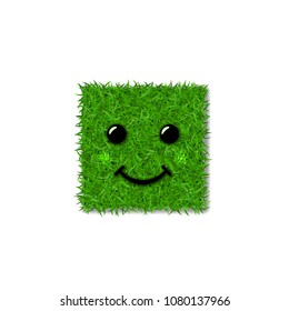 Green grass square field 3D. Face smile. Smiley grassy icon, isolated white background. Ecology concept. Smiling sign. Symbol eco lawn, nature, safe environment, healthy, spring Vector illustration