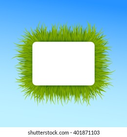 Green grass square frame on clear blue sky background. Vector illustration