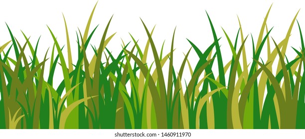 Green grass stalks, tuft and seamless pattern isolated on white background. Vector illustration for cartoon landscape