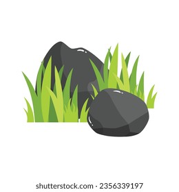 Green grass in stones as landscape design element vector illustration isolated on white background. Composition of two stones and green grass
