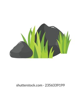Green grass in stones as landscape design element vector illustration isolated on white background. Composition of two stones and green grass