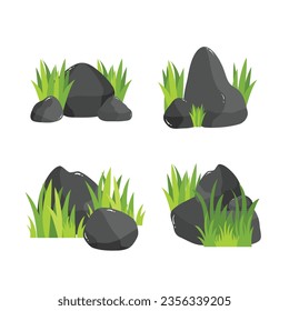 Green grass in stones as landscape design element vector illustration isolated on white background. Composition of two stones and green grass