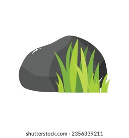 Green grass in stones as landscape design element vector illustration isolated on white background. Composition of two stones and green grass