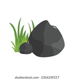 Green grass in stones as landscape design element vector illustration isolated on white background. Composition of two stones and green grass