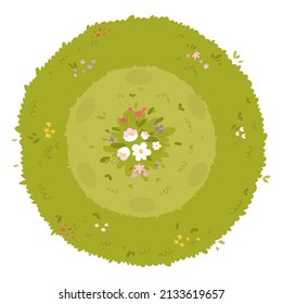 Ilustración vectorial de campo verde de verano. Vista aérea del ojo del pez caricatura desde arriba hasta abajo de las flores en pradera, escena de pasteles circulares con distorsión curvilínea aislada en blanco