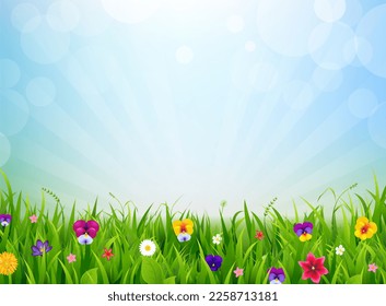 Green Grass And Summer Flowers And Grass With Gradient Mesh, Vector Illustration