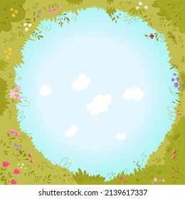 Green Grass Summer Meadow And Blue Sky With Cloud In Center Vector Illustration. Cartoon Circular Skyline Fish Eye View Of Cute Nature Scenery With Distortion, Panoramic Perspective From Bottom To Top