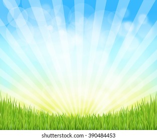 Green Grass And Sun Beam With Blur, Vector Illustration