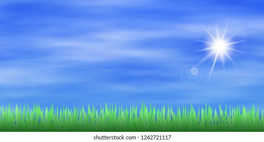 Green grass and sun in the blue sky, lens flare, vector illustration, EPS10