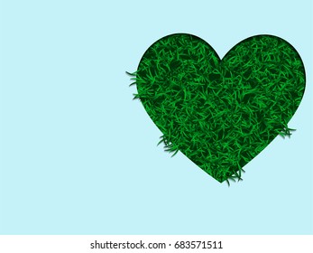 Green grass texture come over paper cut in heart shape. Concept of world environment day banner in vector illustration.