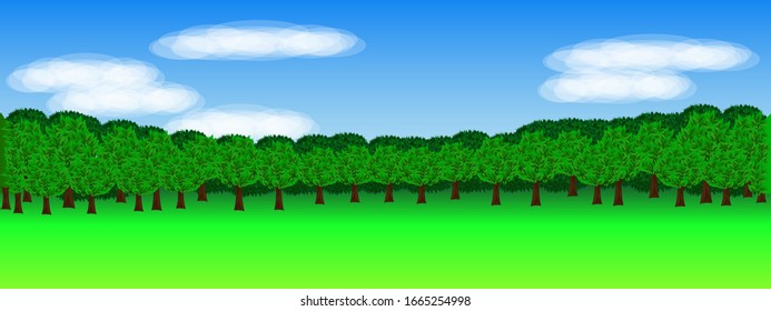 Green grass and green trees in beautiful park with white clouds blue sky in noon. Styled stock vector illustration with golf course playground in a sunny summer day perfect for banner or background.