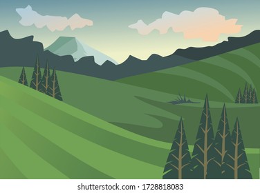 Grünes Gras mit Bäumen und Bergen für Hintergrund, Illustration und Bild