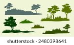 Green grass, tress, branch flat design set vector illustration.  Isolated on white background.