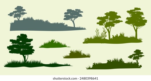 Green grass, tress, branch flat design set vector illustration.  Isolated on white background.