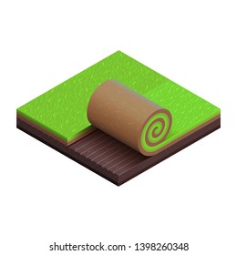 Green grass turf roll. 3D vector isometric icon. Cut of soil. Square plot of summer lawn. Piece of garden. Unrolled sod over raking fat land. Isolated object. Detailed texture. Symbol of landscaping