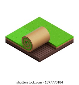 Green grass turf roll. Vector isometric icon. Cut of brown soil. Square plot of land. Summer lawn. Small piece of garden. Half unrolled sod over loosened ground. Isolated object. Symbol of gardening