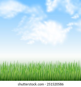 Green grass under the blue sky with clouds. Spring background. 