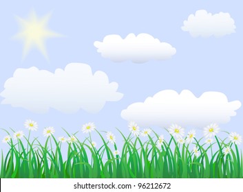 green grass under blue sky with sun an clouds