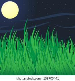 Green grass under moon. Abstract vector illustration.