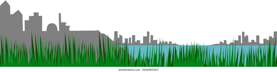 Green Grass Vector Illustration with City Silhouette and Water in the Background
