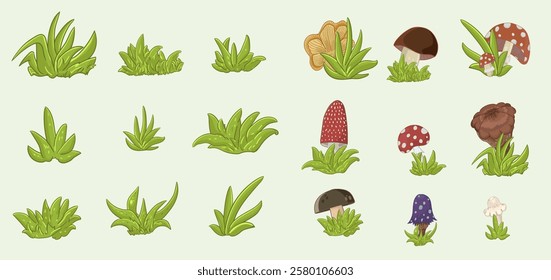 Green grass, vector set for drawing pictures in flat style. Natural material for collecting screensavers.