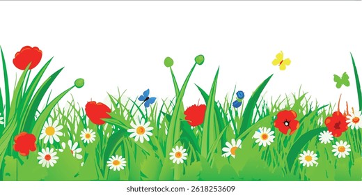 Green grass with vibrant spring flowers, isolated on white. Ideal for web headers, footers, banners, or floral borders.