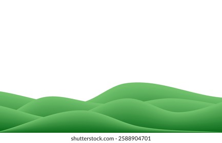 Green grass wave gradient 3d background. Vector hills and sky spring mountain. Grassy garden nature pattern cartoon. Summer field poster, paper podium blurred scene. Plasticine game land, park floor