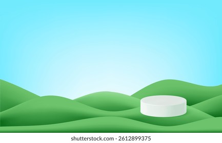 Green grass wave gradient 3d background. Vector hills and sky spring mountain. Grassy garden nature pattern cartoon. Summer field poster, paper podium blurred scene. Plasticine game land, park floor