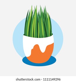 Green grass in a white-brown pot on a blue stand. Blue circle on gray background. Hand draw vector isolated. Use as icon, sticker, logo, trademark, store sign, symbol, item, badge, element, card, mark