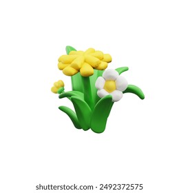 Hierba verde y flores silvestres Ilustración vectorial de estilo plástico 3D. Flores de primavera de camomilas. Manojo de flores para diseño floral aislado en blanco. Flora natural fresca de campo de verano