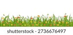 Green grass and wildflowers border with meadow plants. Horizontal spring landscape element in flat style