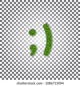 Green grass wink smile 3D. Smiley grassy emoticon icon Isolated white transparent background. Happy smiling sign. Symbol ecology, eco lawn, safe nature, happy emotion, fresh Vector illustration