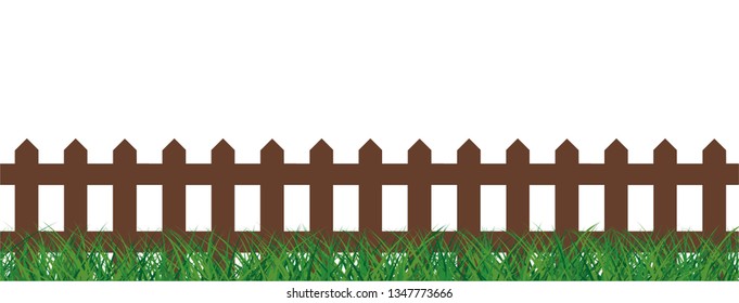Green grass with ( wooden ) fence balustrade. Happy easter, spring time pattern banner. Happy summer. Vector farm or famer sign. Picket, fences flowers border. Borders and sky.