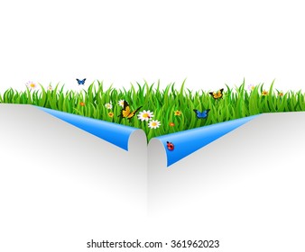 Green grass with wrapped paper sheet isolated on white background