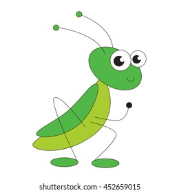 Green grasshopper cartoon. Outlined character with black stroke.