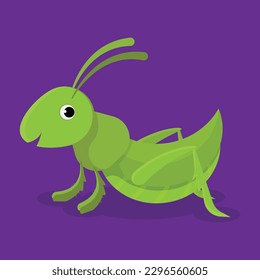 Green grasshopper with a leaf on a purple background.
