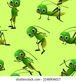 Green grasshopper with long mustache. Seamless pattern. Wildlife object. Little funny insect. Cute cartoon style. Vector.