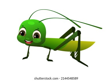 Green grasshopper with long mustache. Wildlife object. Little funny insect. Cute cartoon style. Isolated on white background. Vector.