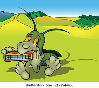 Green Grasshopper Playing Harmonica - Colored Cartoon Illustration with Background, Vector