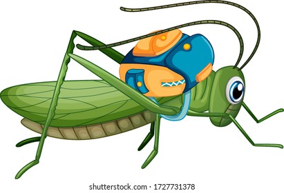 Saltamontes verdes con bolso de escuela en ilustración de fondo blanco